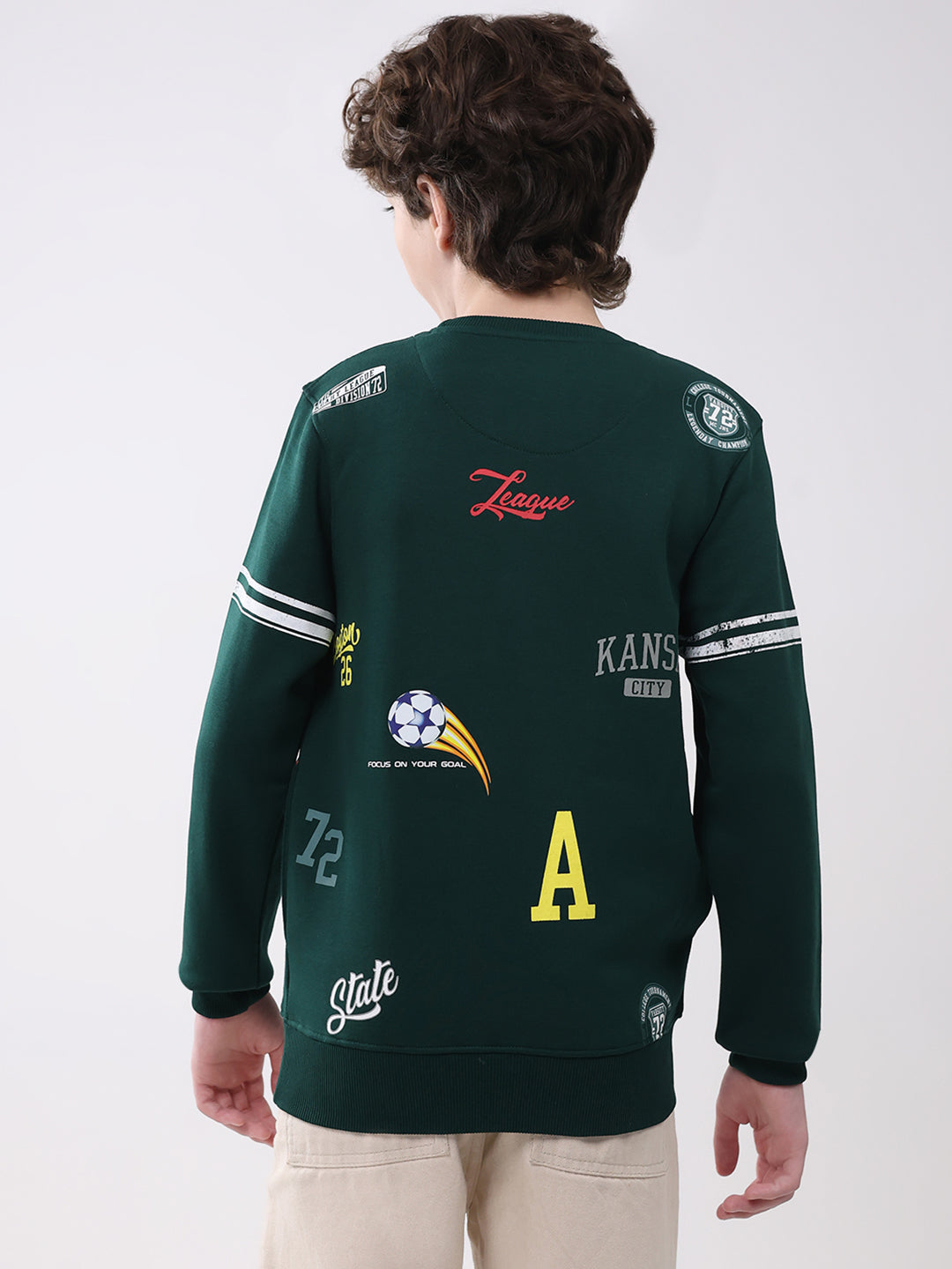 Boys Green Printed Round Neck Full Sleeve Sweatshirt