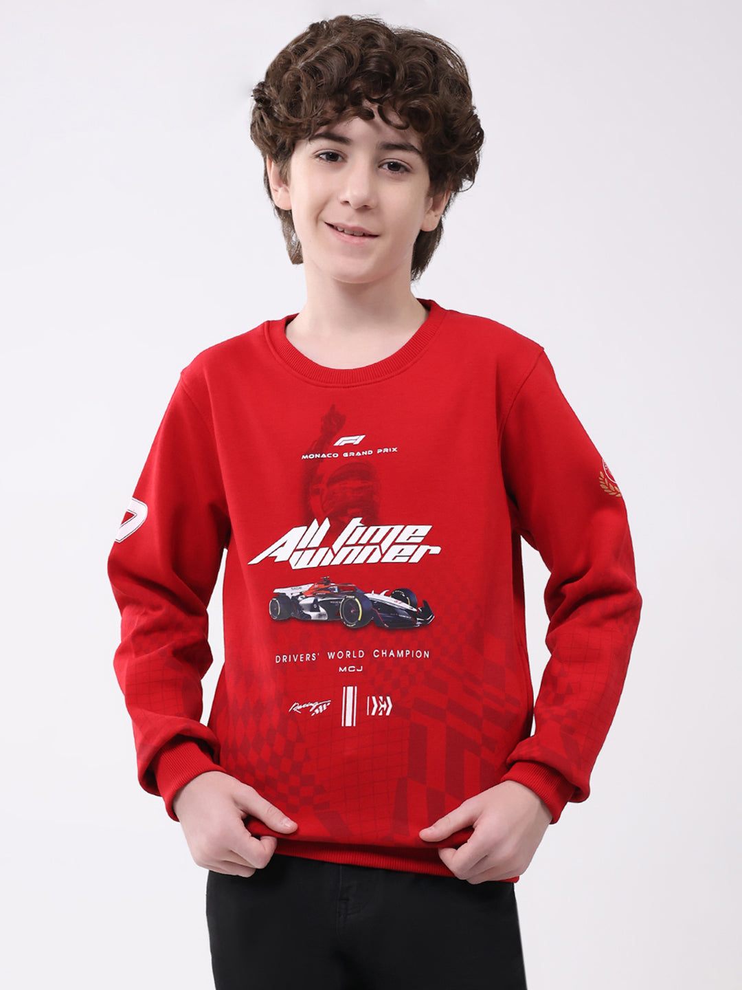 Boys Red Printed Round Neck Full Sleeve Sweatshirt