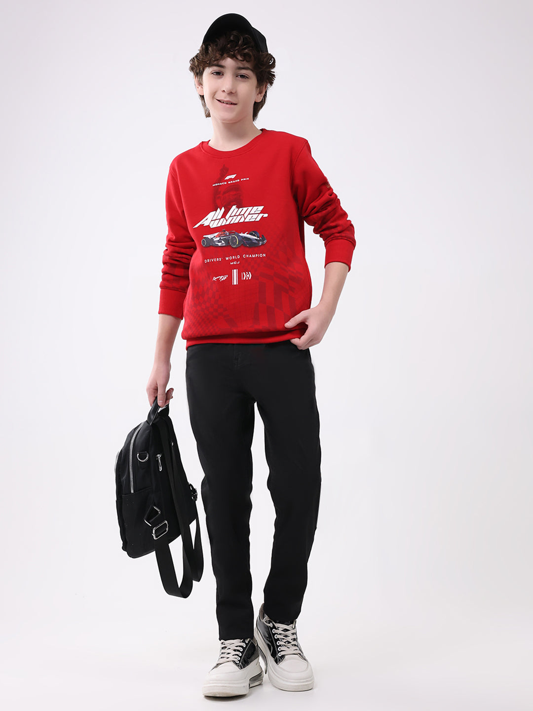 Boys Red Printed Round Neck Full Sleeve Sweatshirt