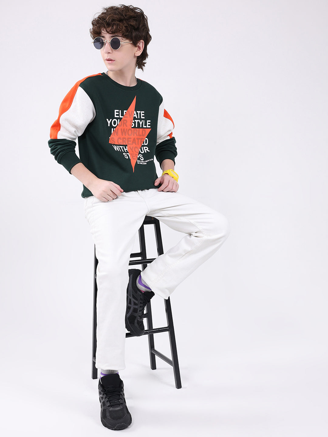 Boys Green Printed Round Neck Full Sleeve Sweatshirt