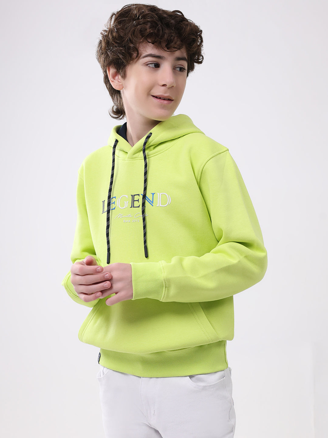 Boys Green Printed Hooded Full Sleeve Sweatshirt