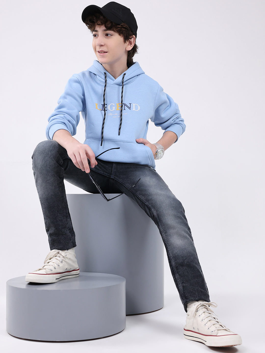 Boys Sky Blue Printed Hooded Full Sleeve Sweatshirt