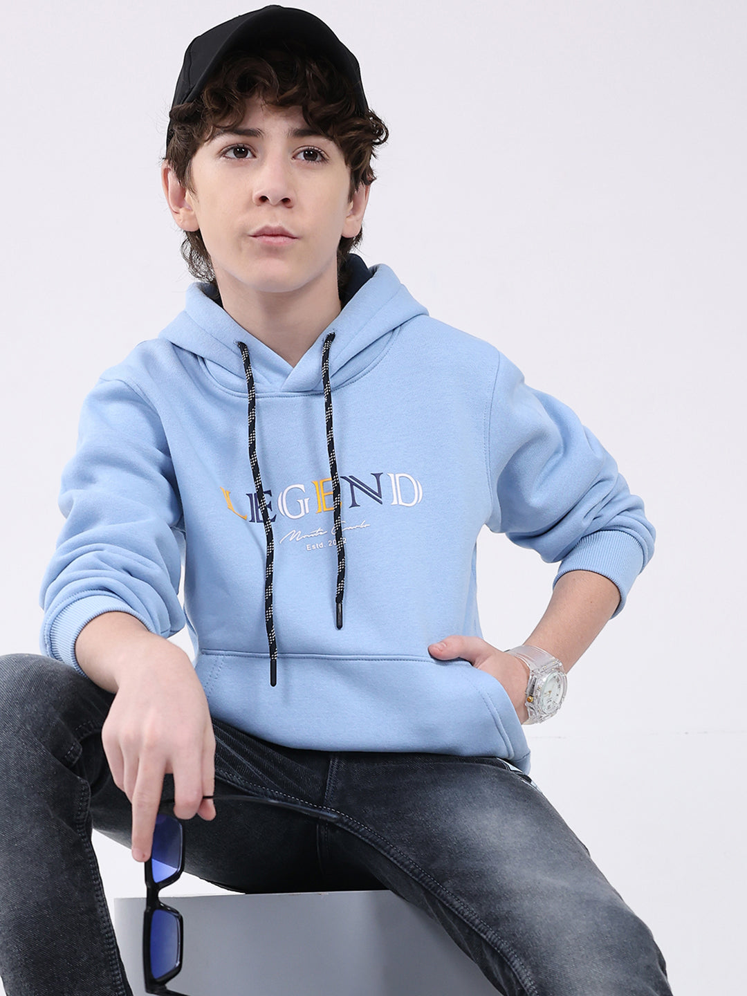 Boys Sky Blue Printed Hooded Full Sleeve Sweatshirt