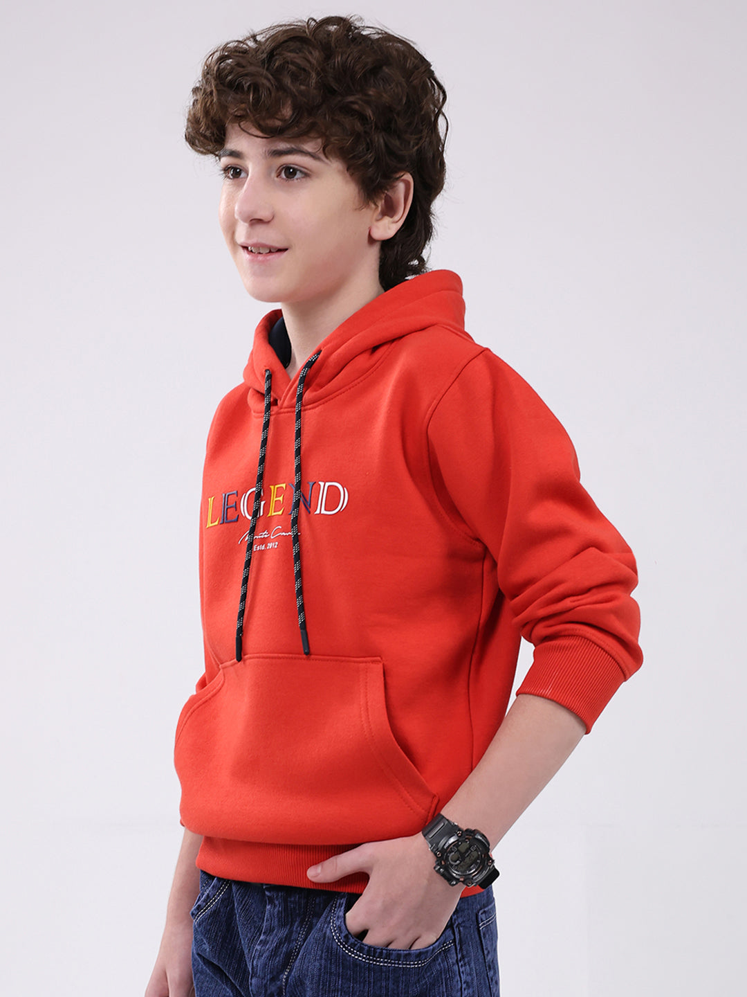 Boys Red Printed Hooded Full Sleeve Sweatshirt