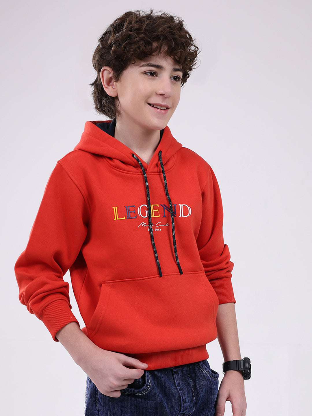 Boys Red Printed Hooded Full Sleeve Sweatshirt