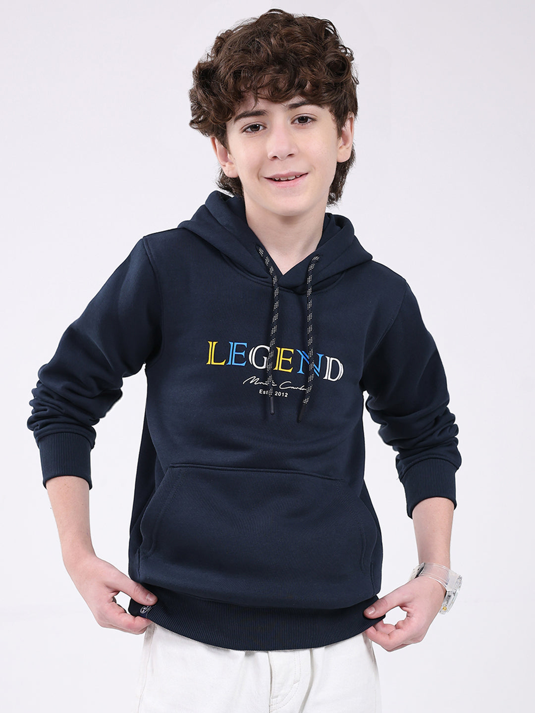 Boys Navy Blue Printed Hooded Full Sleeve Sweatshirt