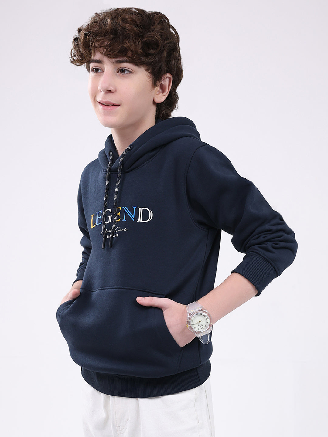 Boys Navy Blue Printed Hooded Full Sleeve Sweatshirt