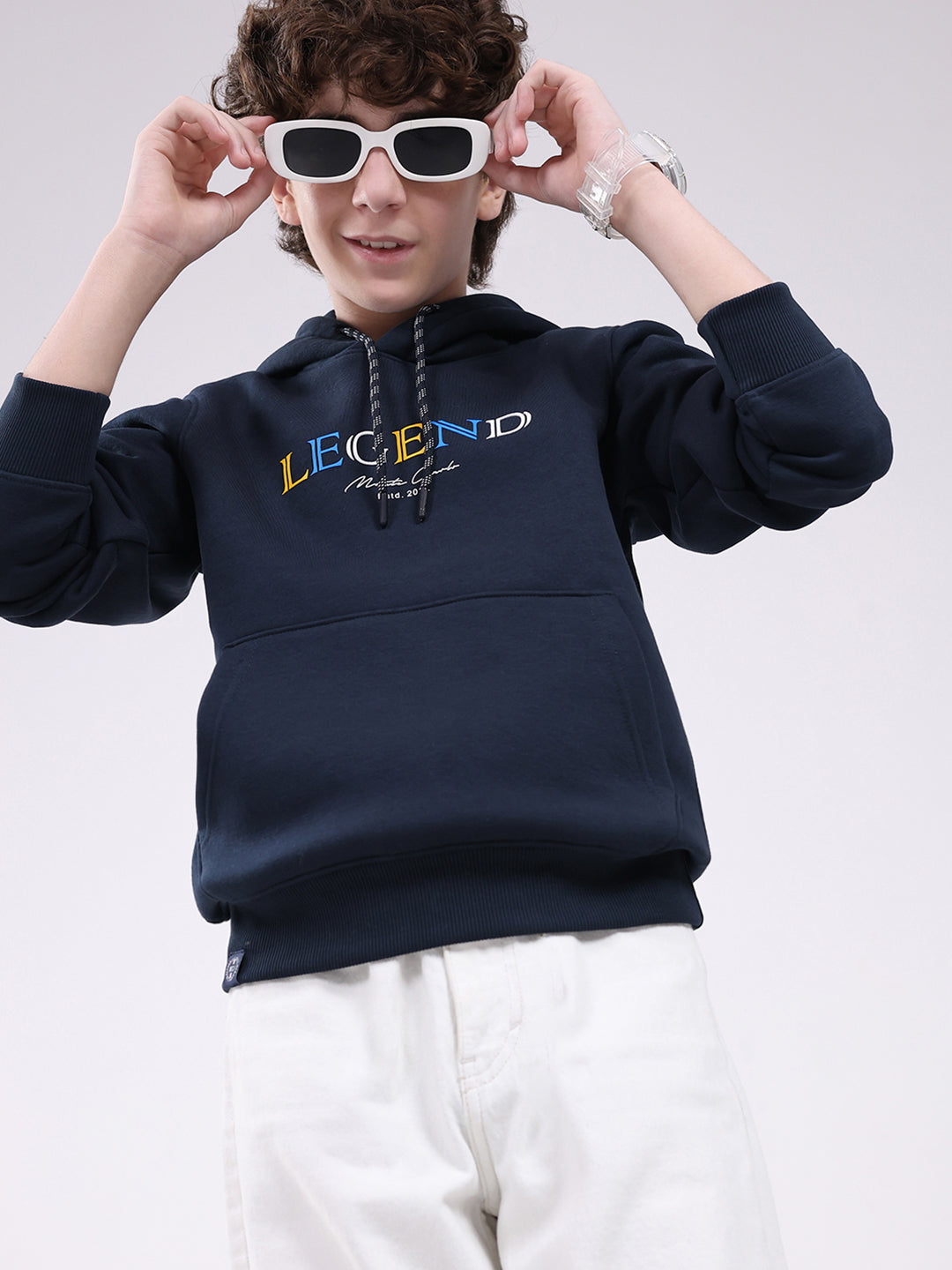 Boys Navy Blue Printed Hooded Full Sleeve Sweatshirt