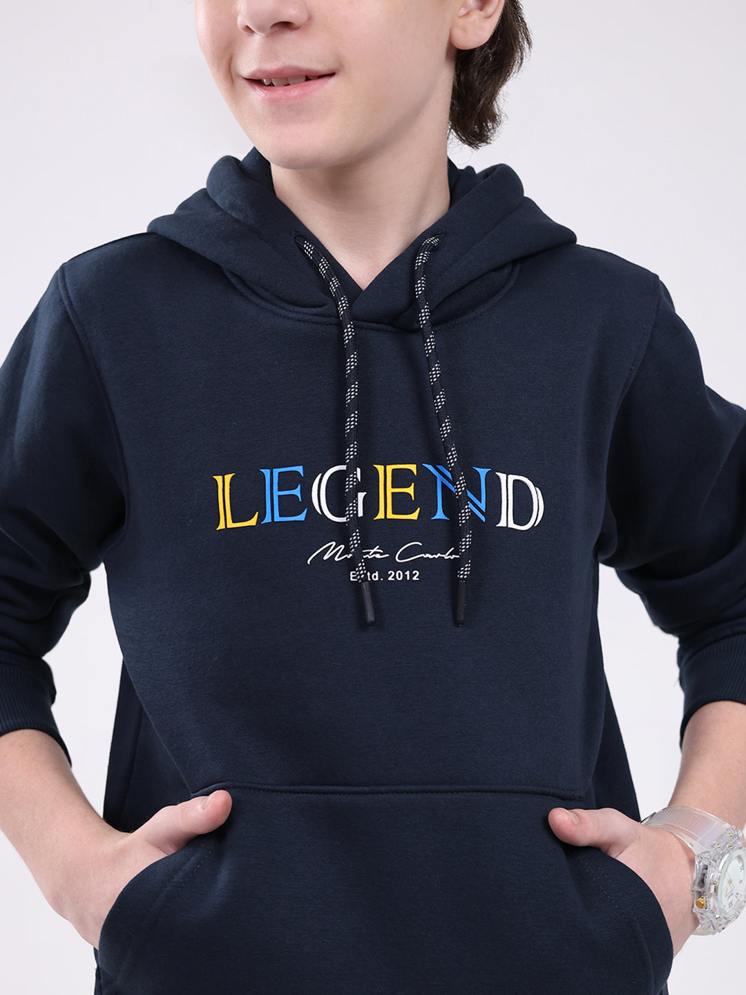 Boys Navy Blue Printed Hooded Full Sleeve Sweatshirt