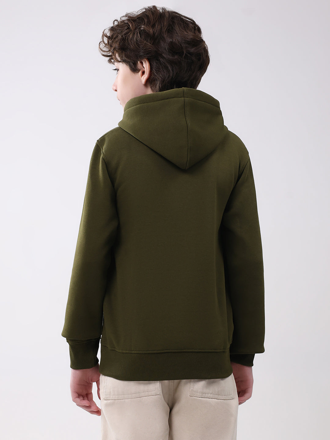 Boys Olive Printed Hooded Full Sleeve Sweatshirt