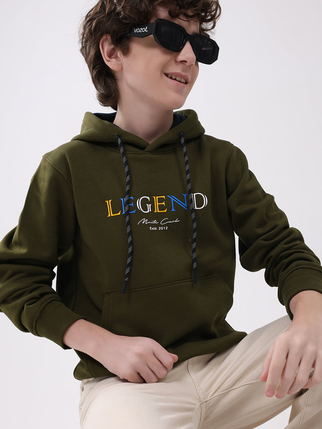 Boys Olive Printed Hooded Full Sleeve Sweatshirt