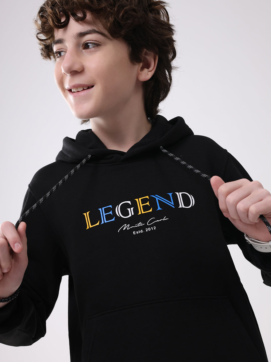 Boys Black Printed Hooded Full Sleeve Sweatshirt