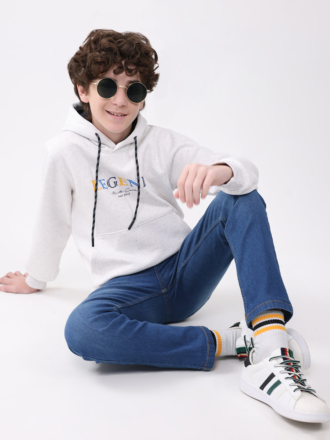 Boys Light Grey Printed Hooded Full Sleeve Sweatshirt