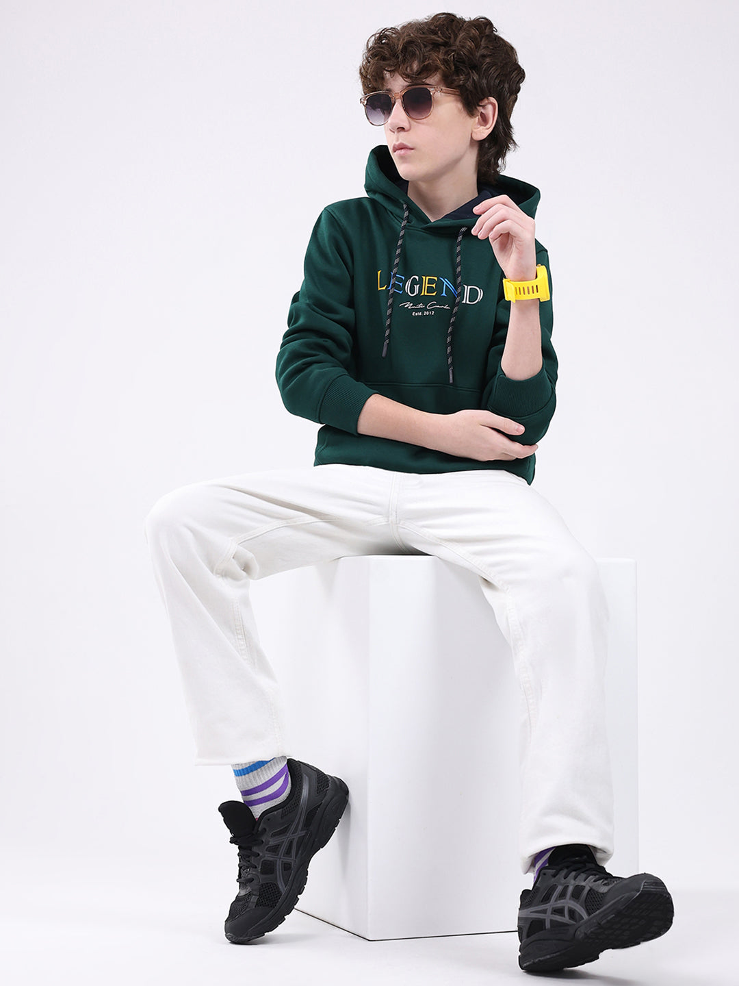 Boys Green Printed Hooded Full Sleeve Sweatshirt