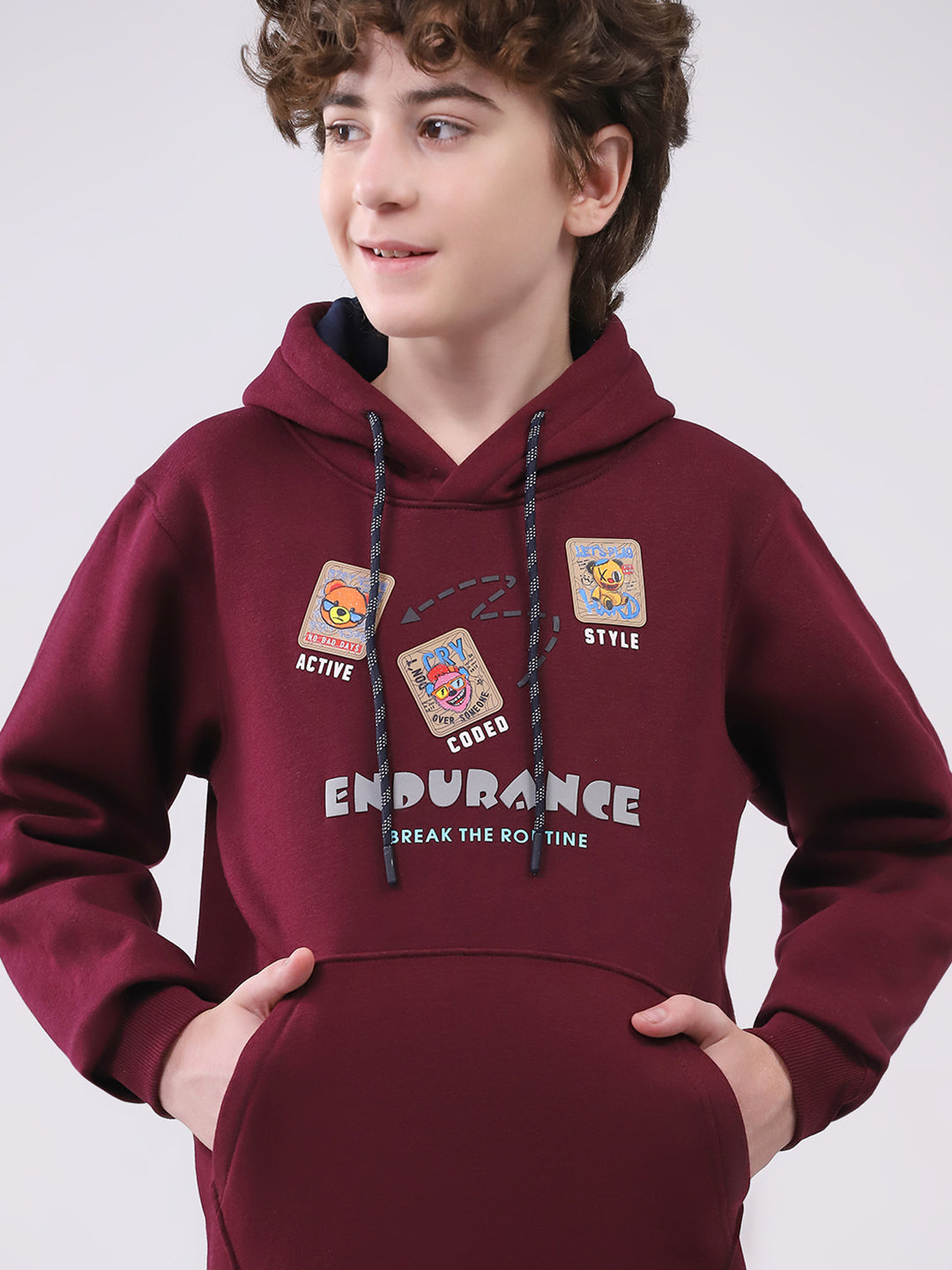 Boys Maroon Printed Hooded Full Sleeve Sweatshirt