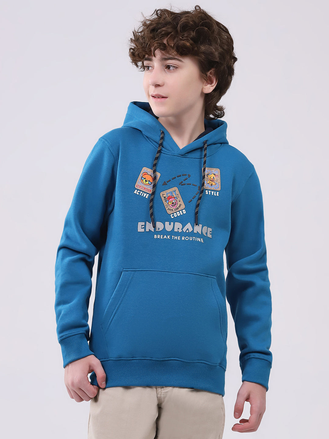 Boys Teal Blue Printed Hooded Full Sleeve Sweatshirt
