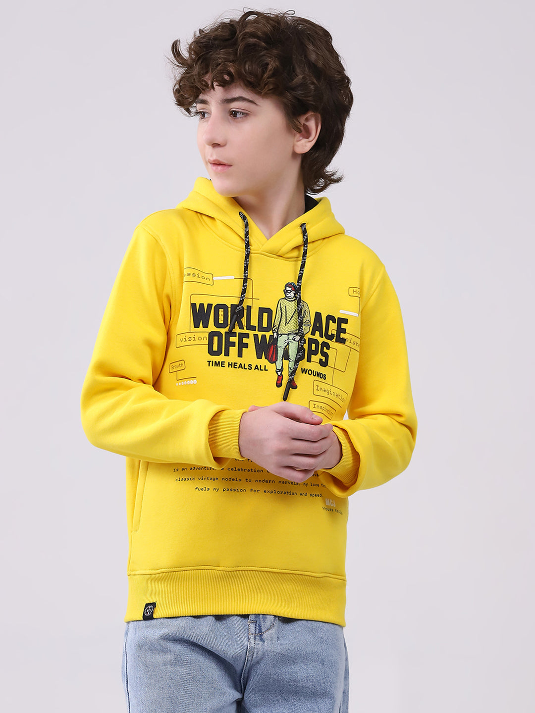 Boys Mustard Printed Hooded Full Sleeve Sweatshirt