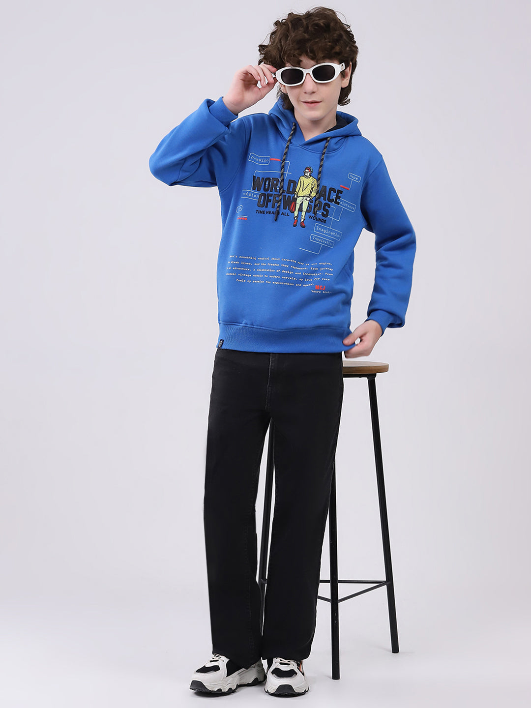 Boys Blue Printed Hooded Full Sleeve Sweatshirt