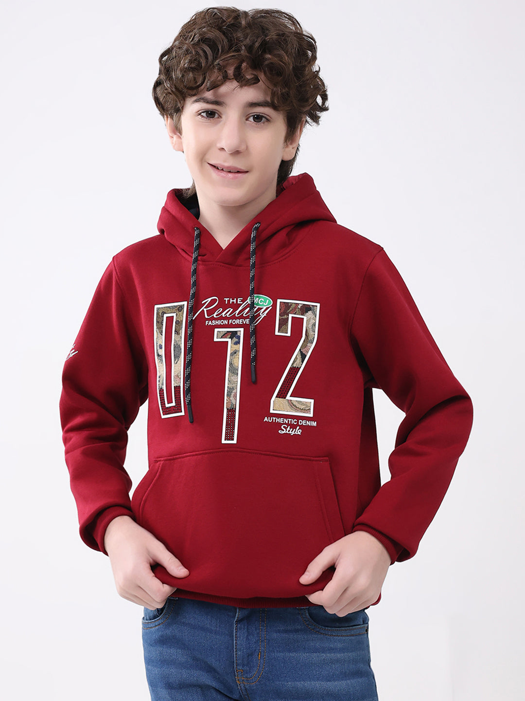Boys Maroon Printed Hooded Full Sleeve Sweatshirt