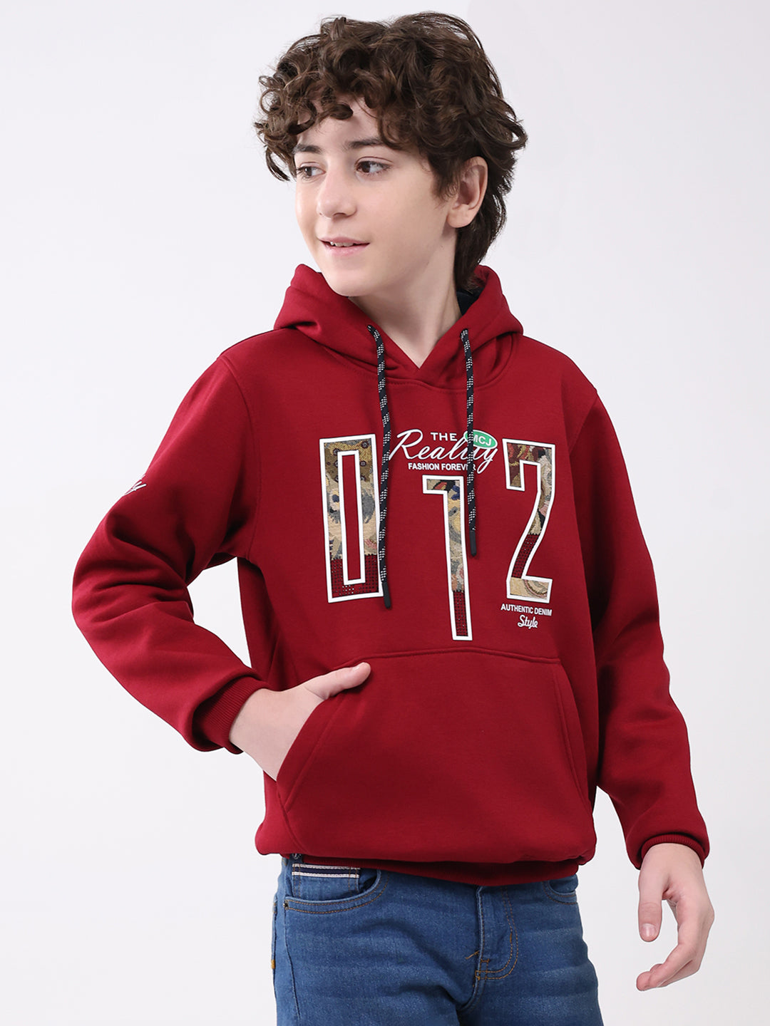 Boys Maroon Printed Hooded Full Sleeve Sweatshirt