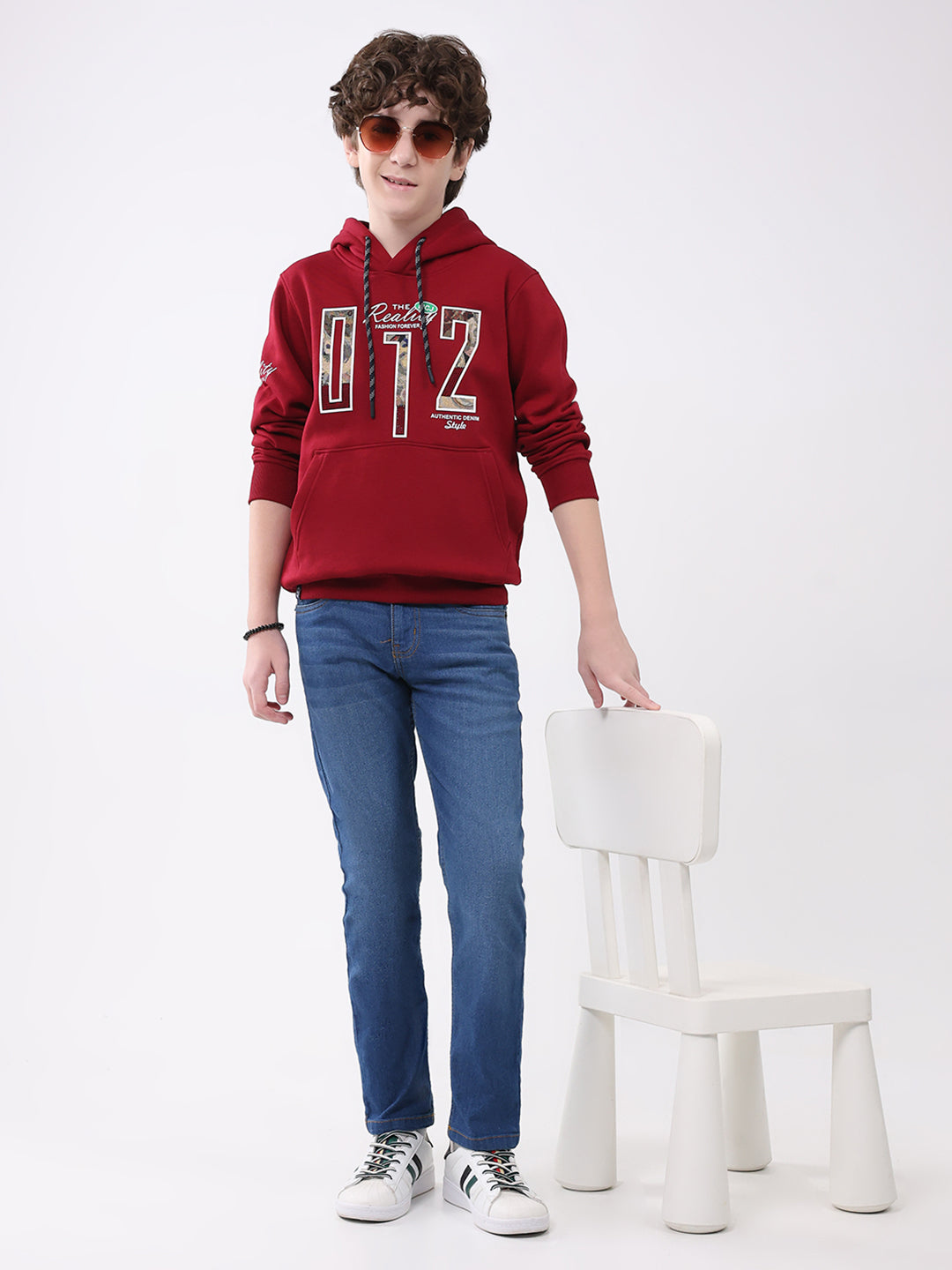 Boys Maroon Printed Hooded Full Sleeve Sweatshirt