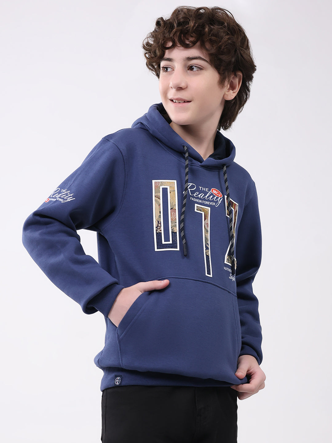 Boys Blue Printed Hooded Full Sleeve Sweatshirt