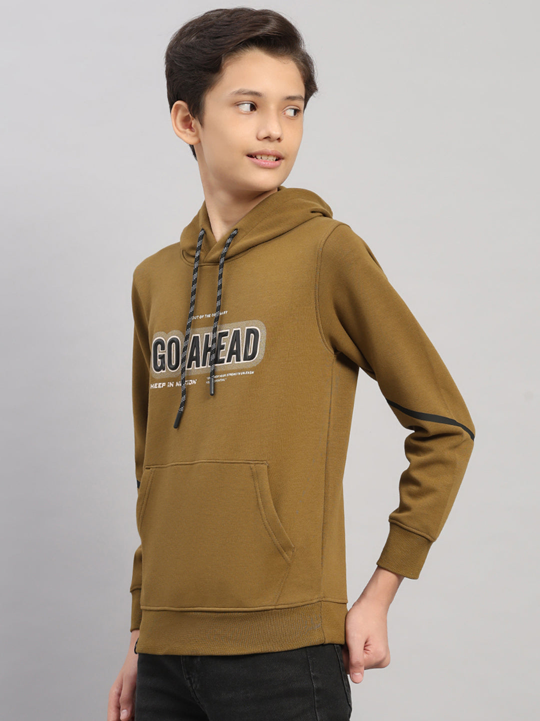 Boys Olive Printed Round Neck Full Sleeve Sweatshirt