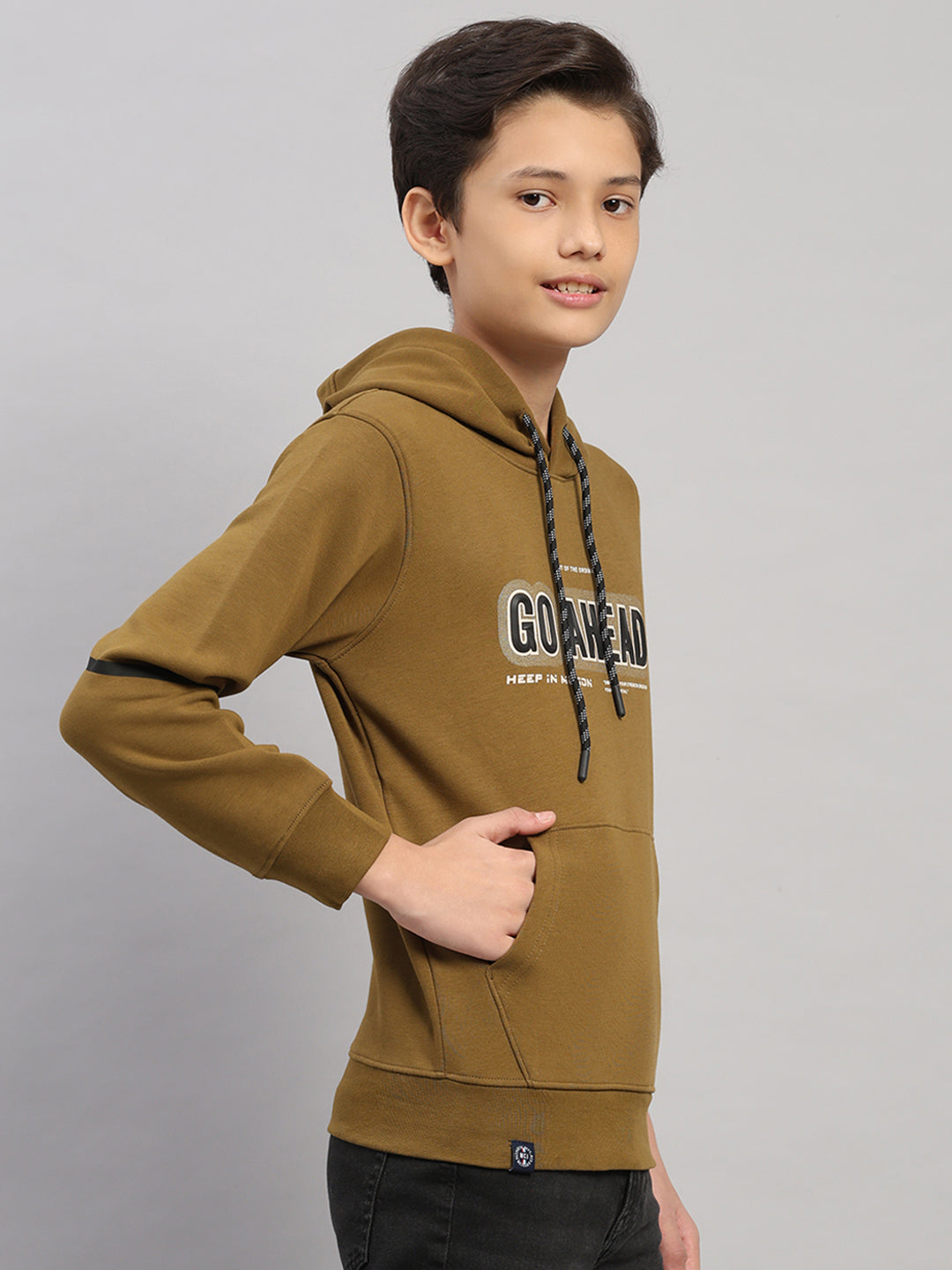 Boys Olive Printed Round Neck Full Sleeve Sweatshirt
