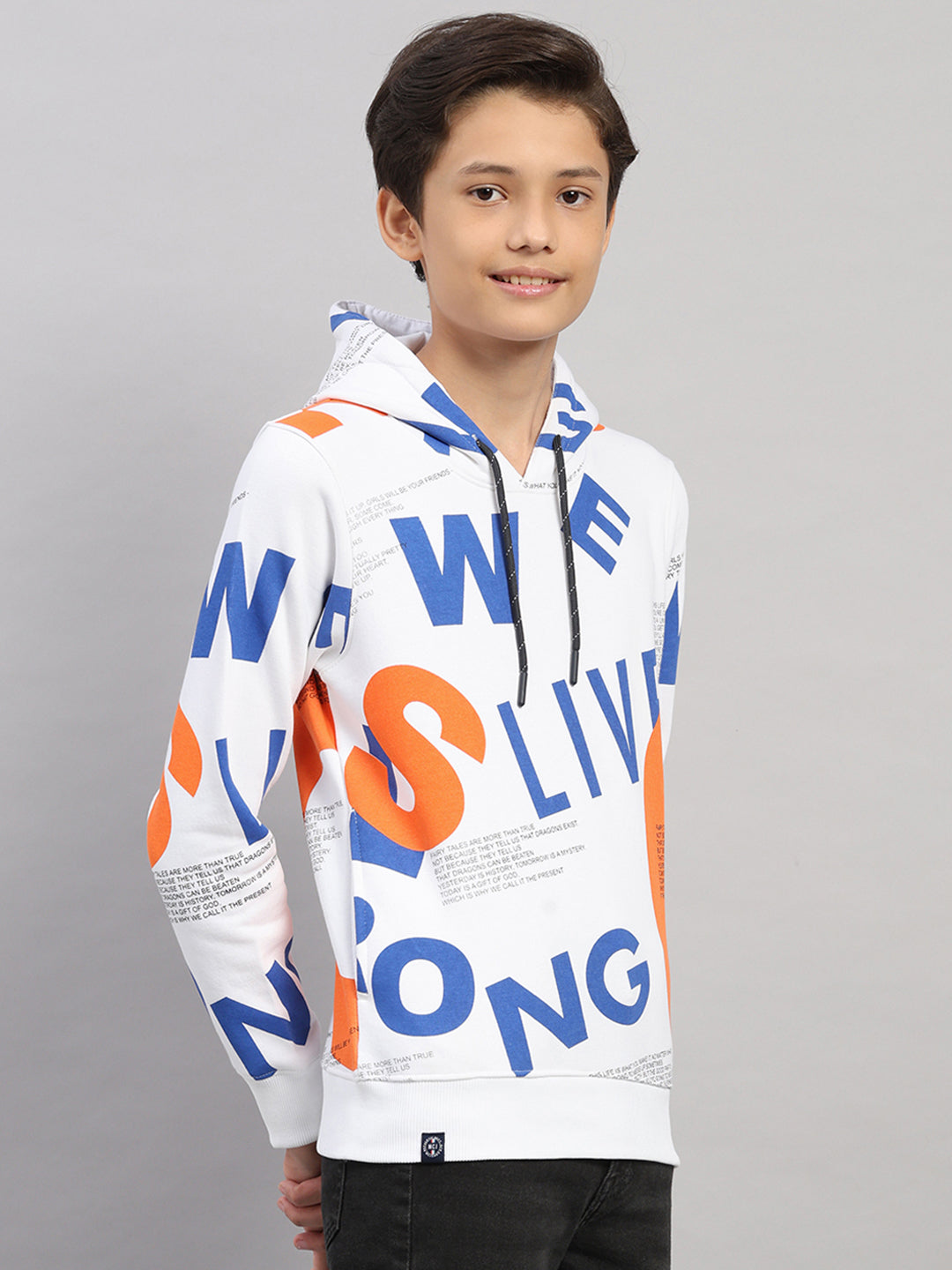 Boys Orange Printed Round Neck Full Sleeve Sweatshirt