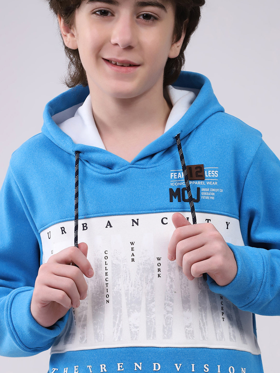 Boys Blue Printed Hooded Full Sleeve Sweatshirt