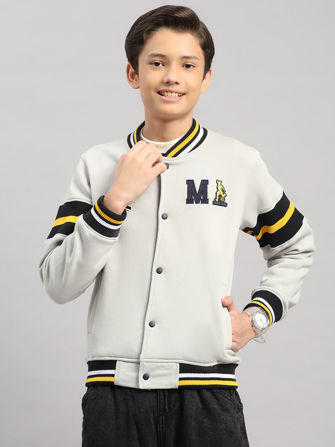 Boys Grey Embroidered Round Neck Full Sleeve Sweatshirt