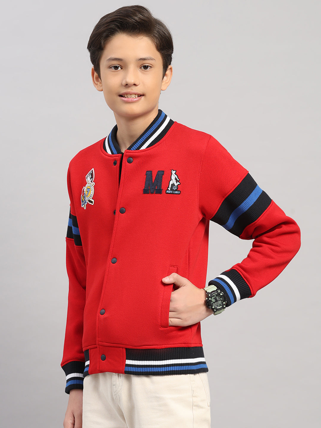 Boys Red Embroidered Round Neck Full Sleeve Sweatshirt