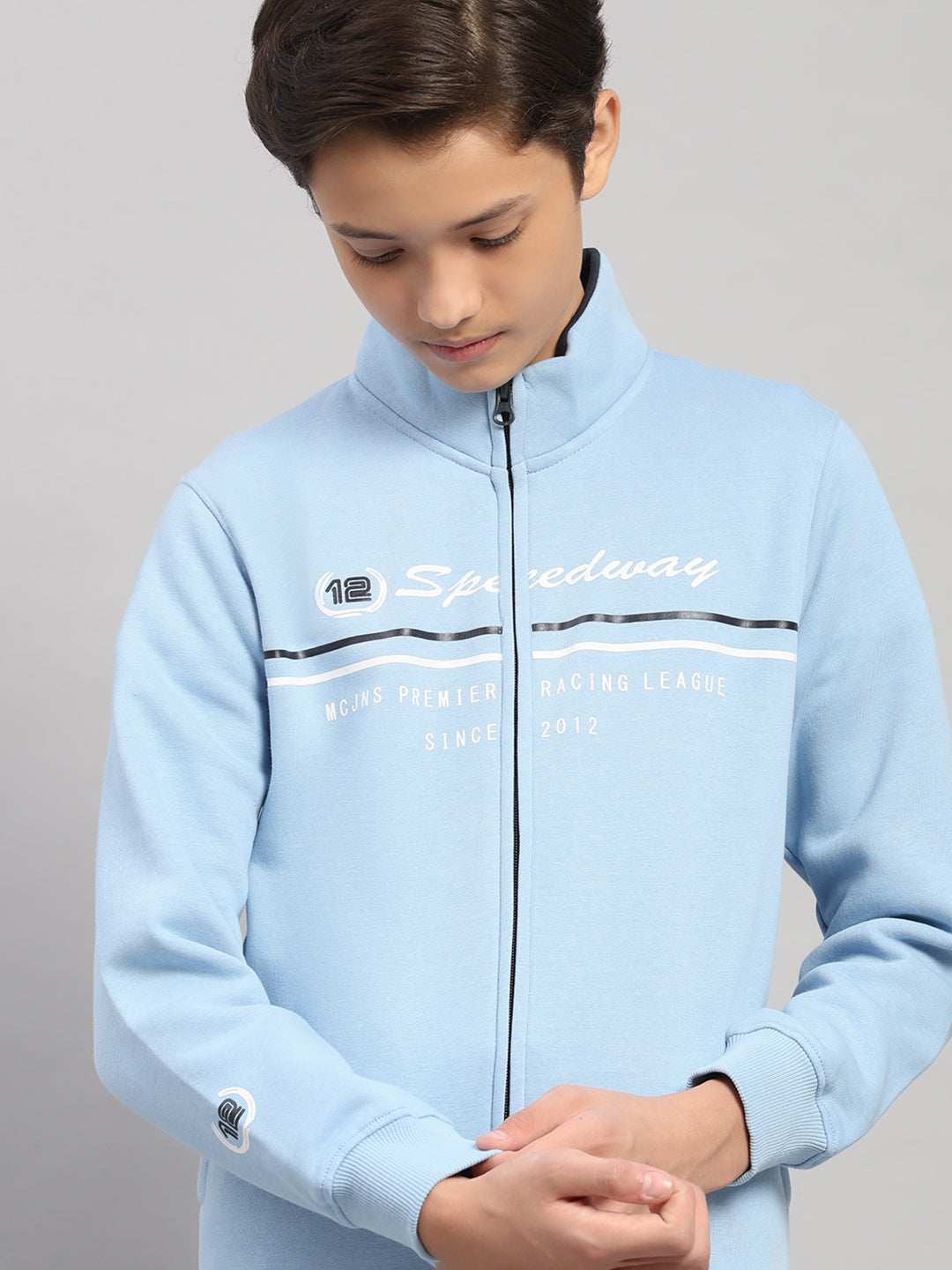 Boys Sky Blue Printed Turtle Neck Full Sleeve Sweatshirt
