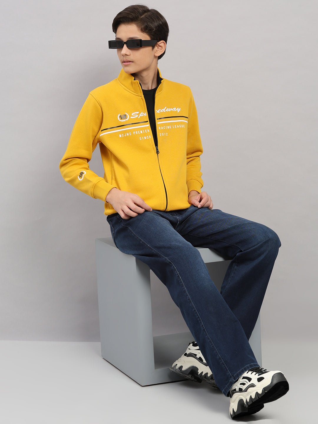 Boys Mustard Printed Turtle Neck Full Sleeve Sweatshirt