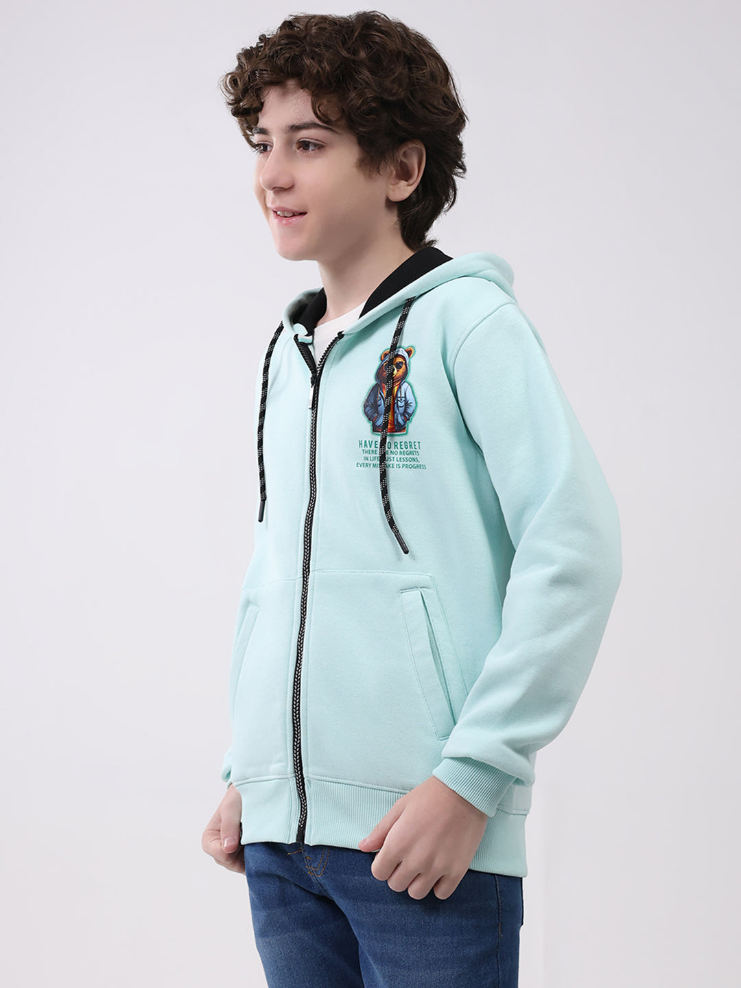 Boys Blue Printed Hooded Full Sleeve Sweatshirt