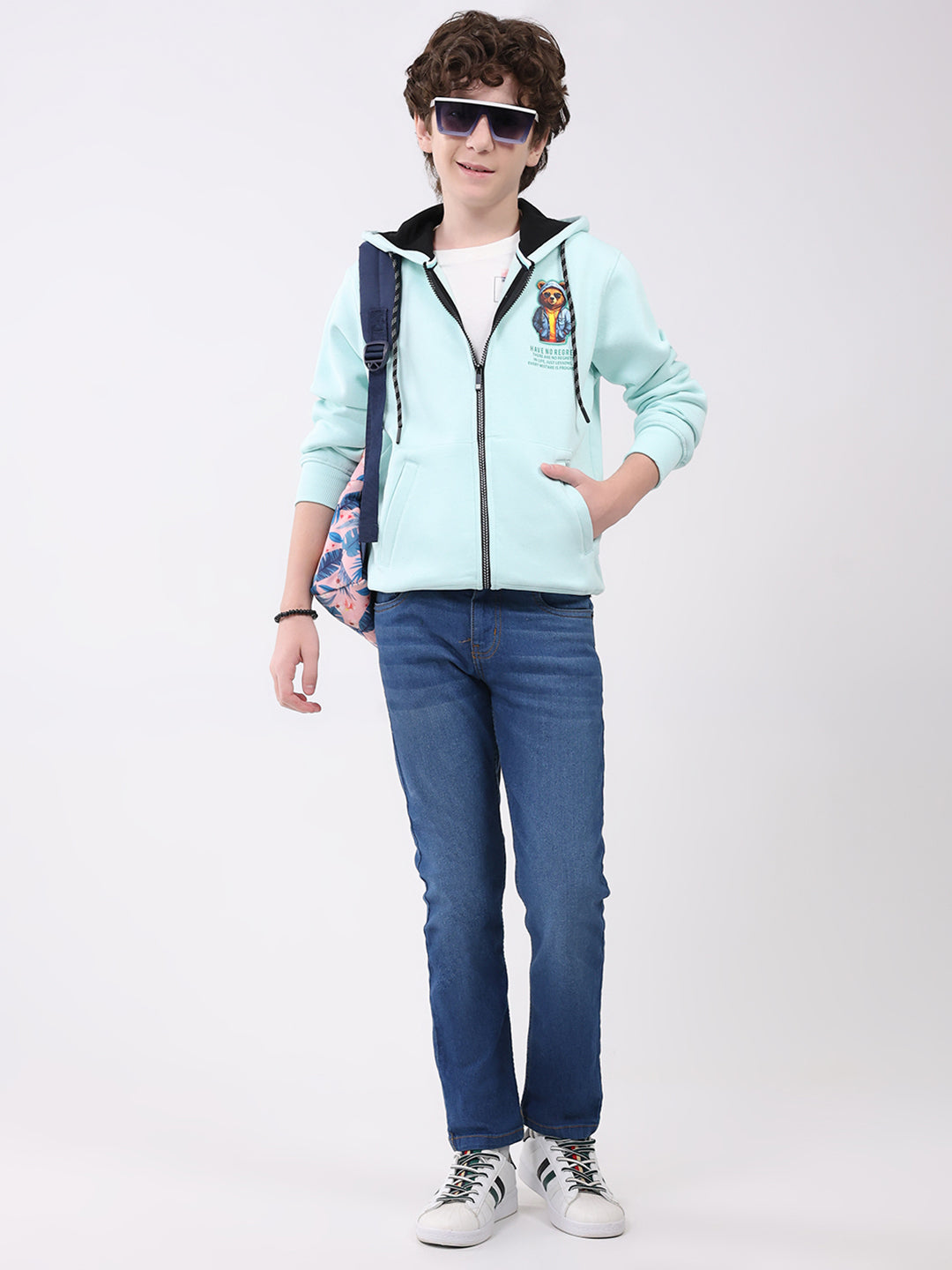 Boys Blue Printed Hooded Full Sleeve Sweatshirt