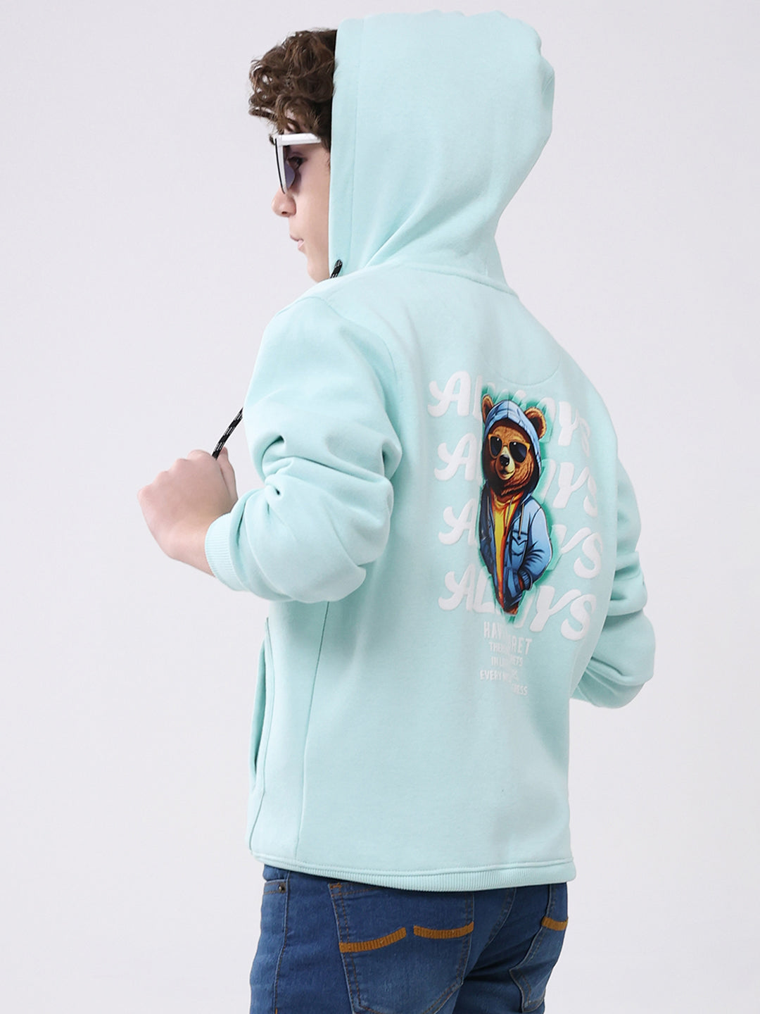 Boys Blue Printed Hooded Full Sleeve Sweatshirt