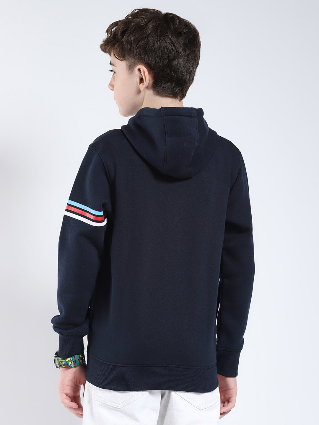 Boys Navy Blue Printed Hooded Full Sleeve Sweatshirt