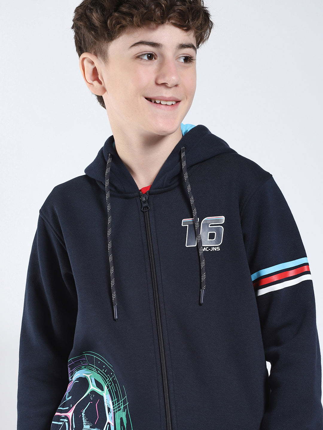 Boys Navy Blue Printed Hooded Full Sleeve Sweatshirt