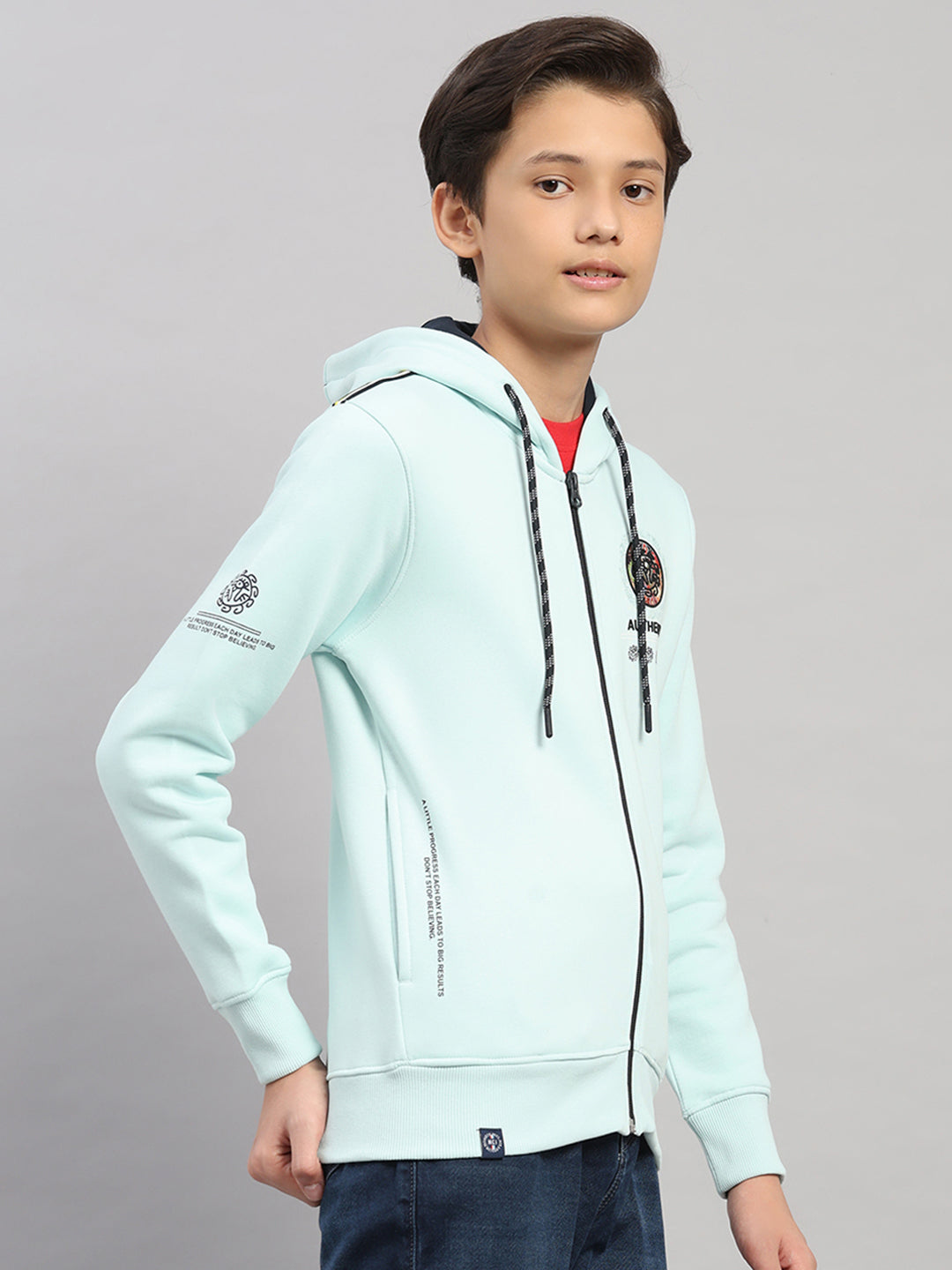 Boys Blue Printed Hooded Full Sleeve Sweatshirt