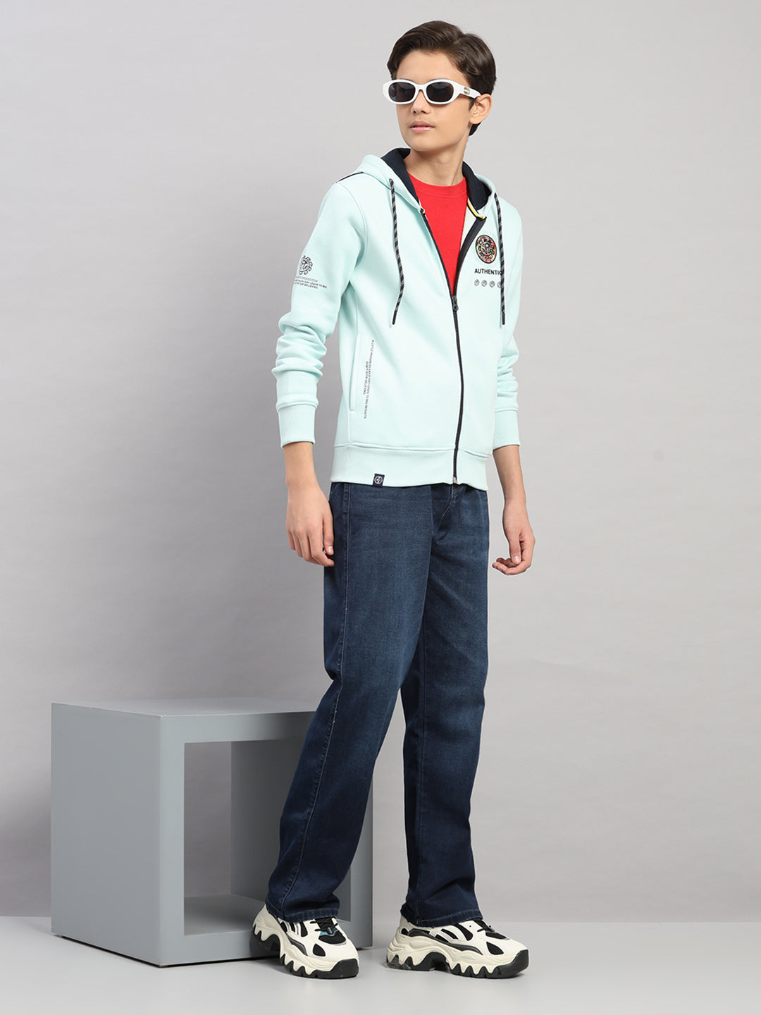 Boys Blue Printed Hooded Full Sleeve Sweatshirt