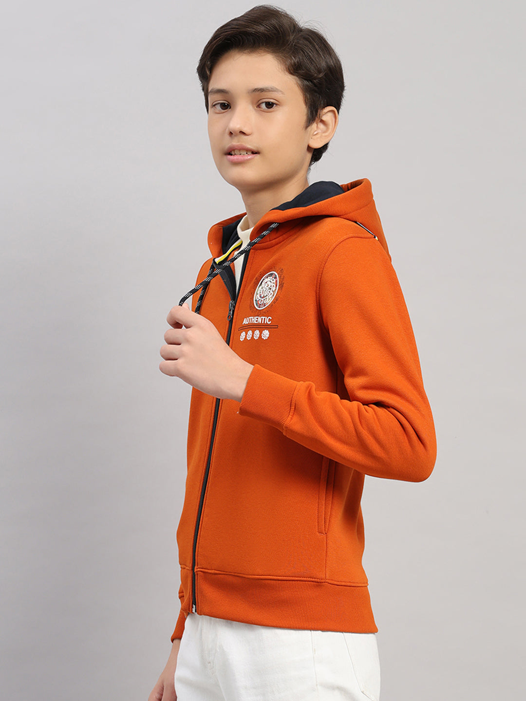 Boys Orange Printed Hooded Full Sleeve Sweatshirt