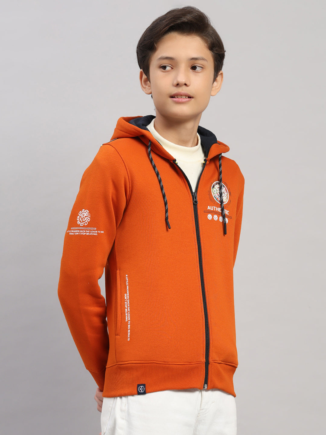 Boys Orange Printed Hooded Full Sleeve Sweatshirt