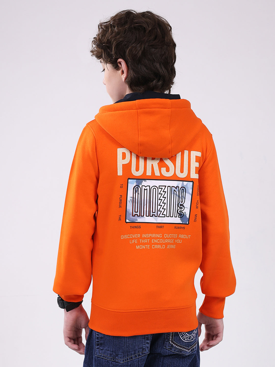 Boys Orange Printed Hooded Full Sleeve Sweatshirt