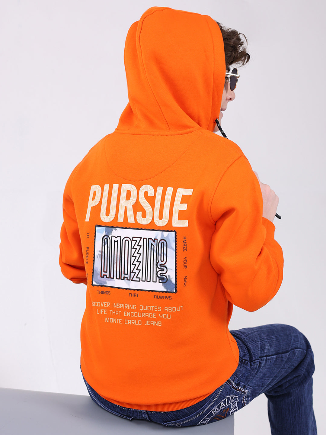 Boys Orange Printed Hooded Full Sleeve Sweatshirt