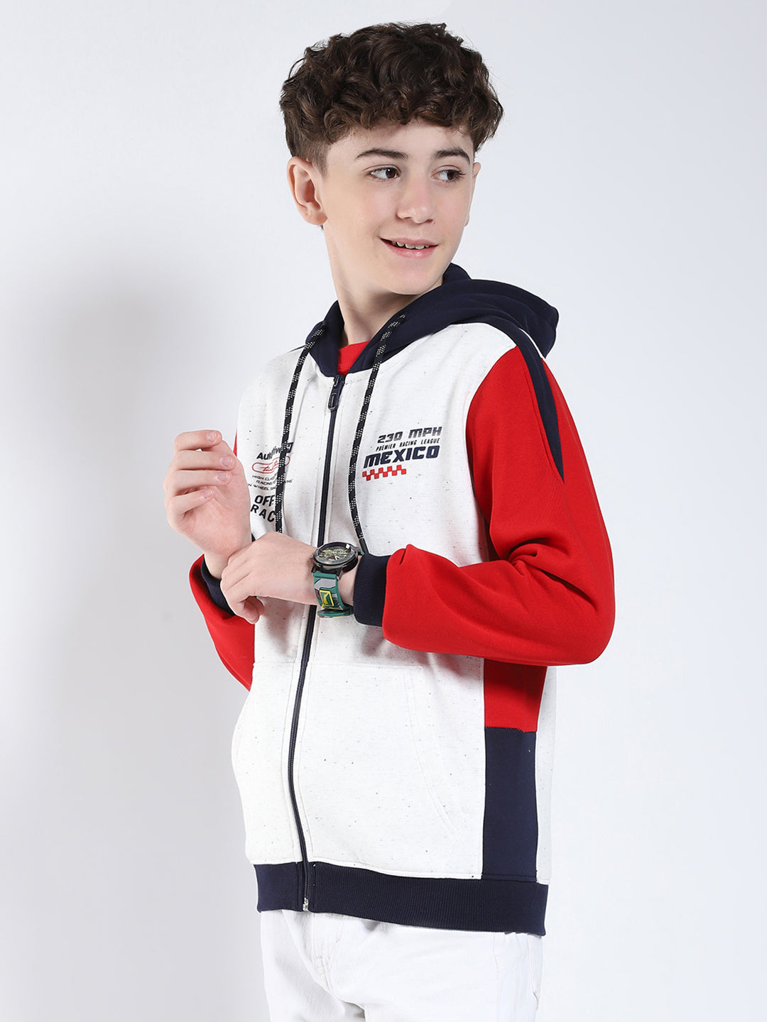 Boys Red Printed Hooded Full Sleeve Sweatshirt