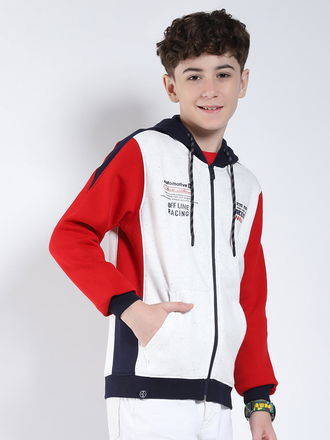 Boys Red Printed Hooded Full Sleeve Sweatshirt