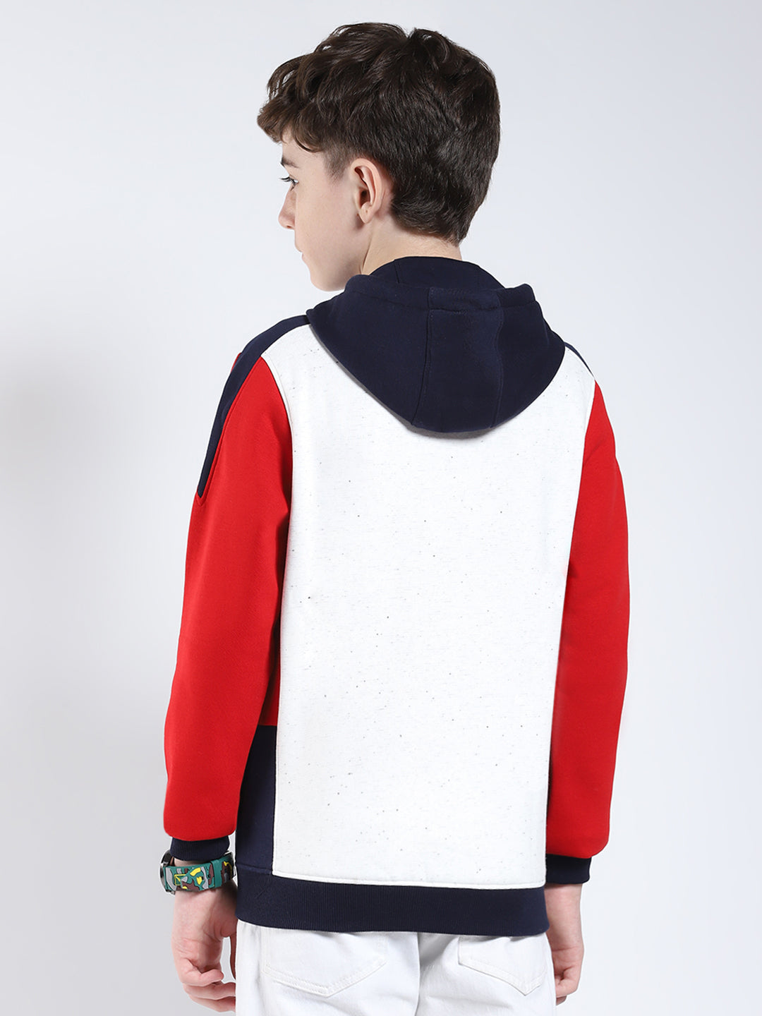 Boys Red Printed Hooded Full Sleeve Sweatshirt