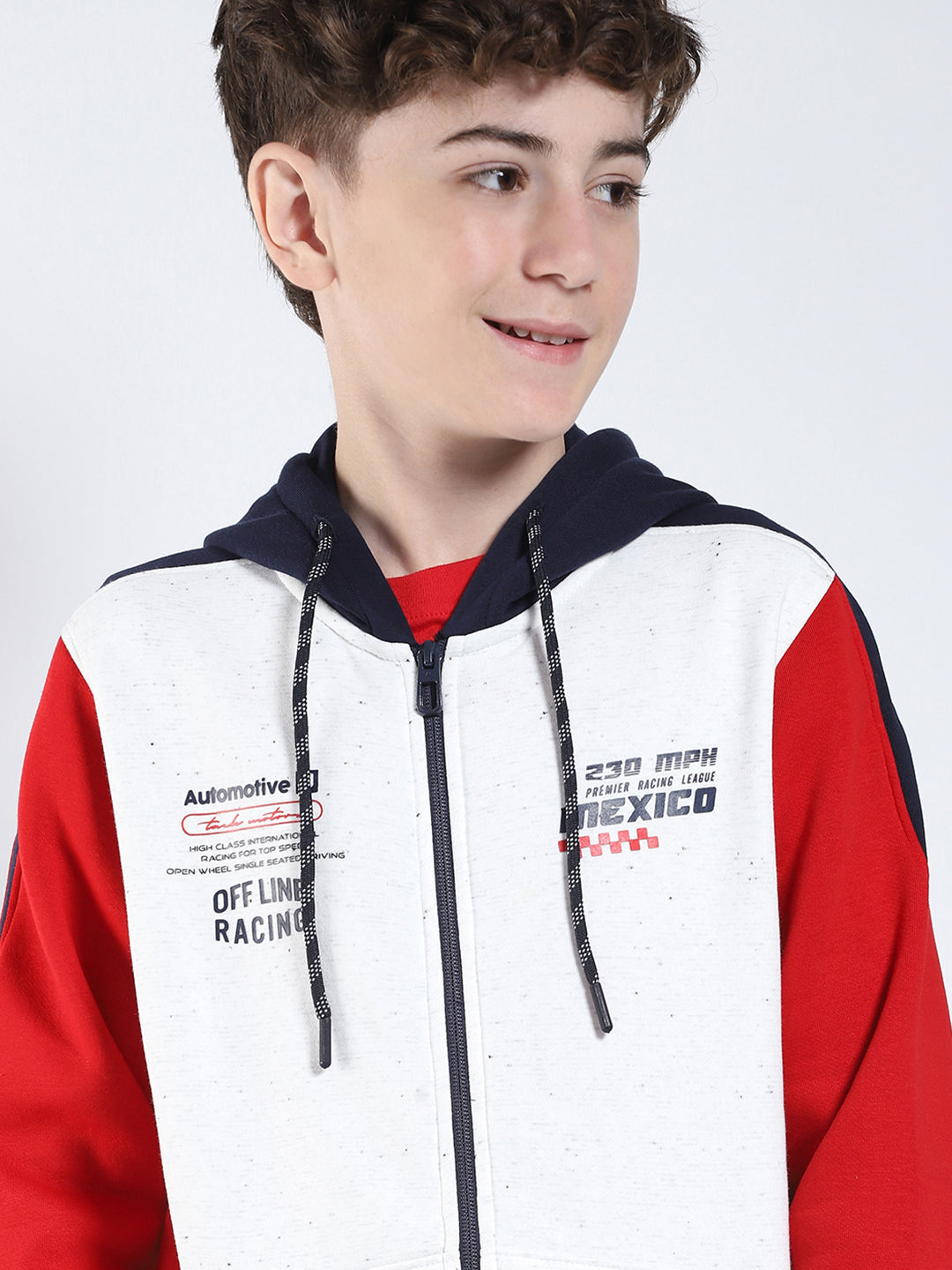 Boys Red Printed Hooded Full Sleeve Sweatshirt