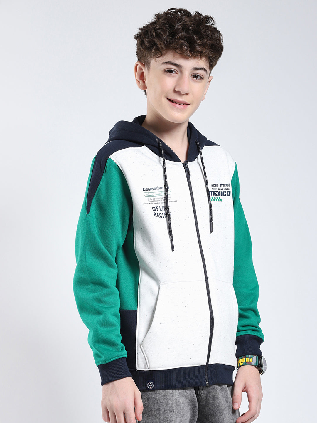 Boys Green Printed Hooded Full Sleeve Sweatshirt